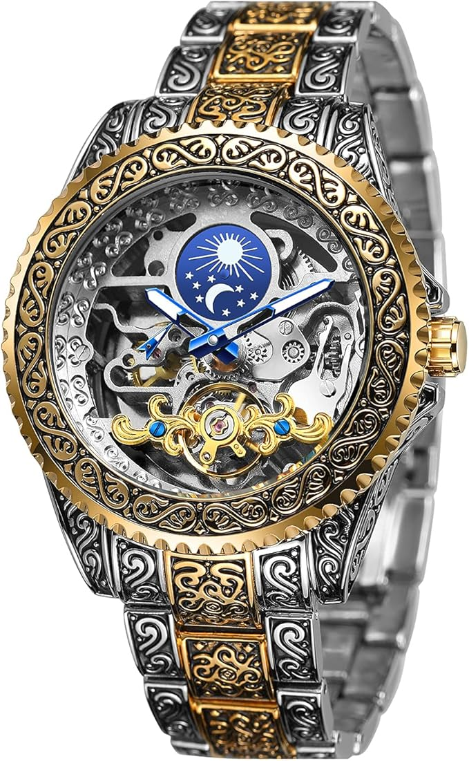 Montre Automatique Squelette Rétro Gravée – Édition Or & Argent ⌚✨