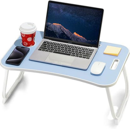 💻 Table de lit pliante pour ordinateur portable avec tiroir, porte-gobelet et support de téléphone – Bois Noyer