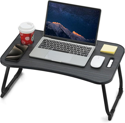 💻 Table de lit pliante pour ordinateur portable avec tiroir, porte-gobelet et support de téléphone – Bois Noyer
