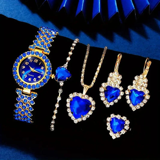 💙✨ Montre Femme Bleu & Or + Ensemble de Bijoux Strass – Élégance & Glamour